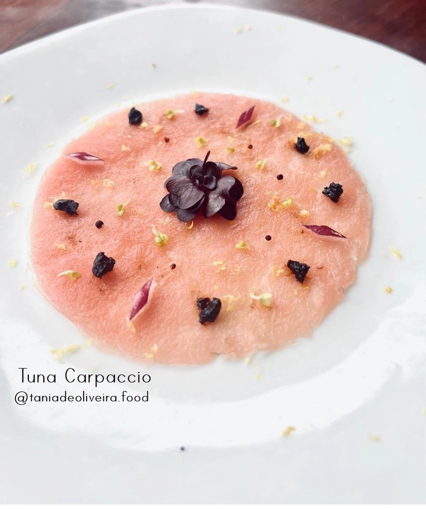 Tuna Carpaccio: "With Microherbs,  Black Garlic, Onions, Lemon & Fresh Olive Oil"