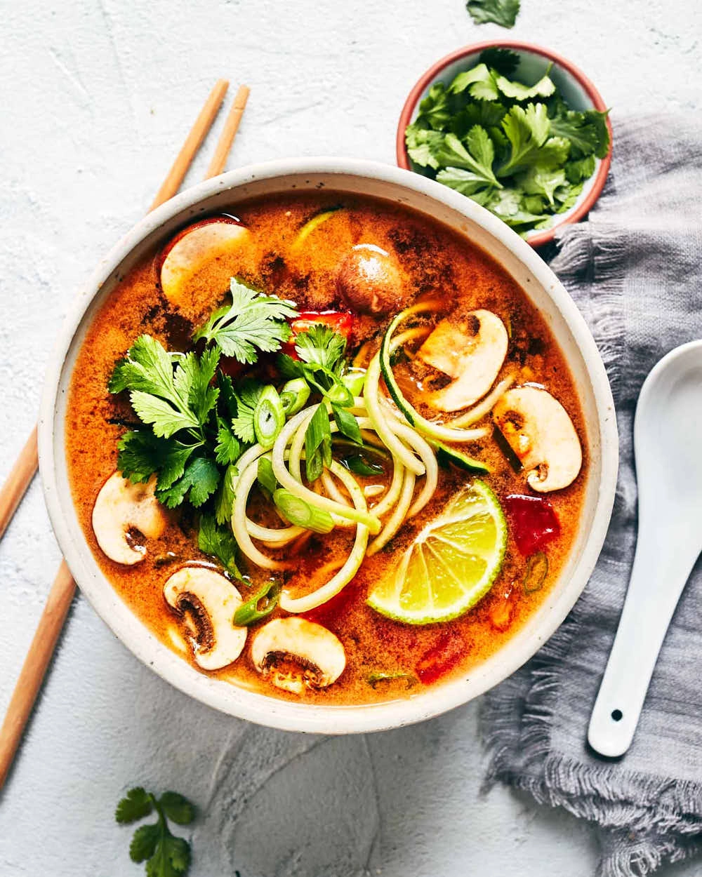 Tom Yum With Mushroom, Vegan Prawns, Cilantro And Lime