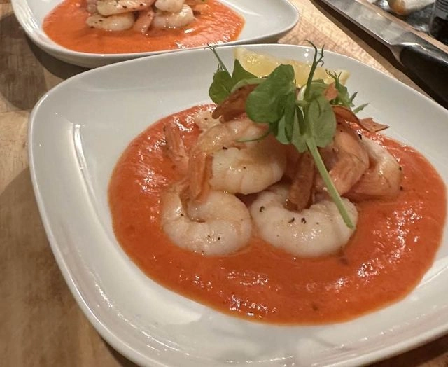 Garlic King Prawns In Red Pepper & Paprika Sauce, Topped With Parsnip Crisps