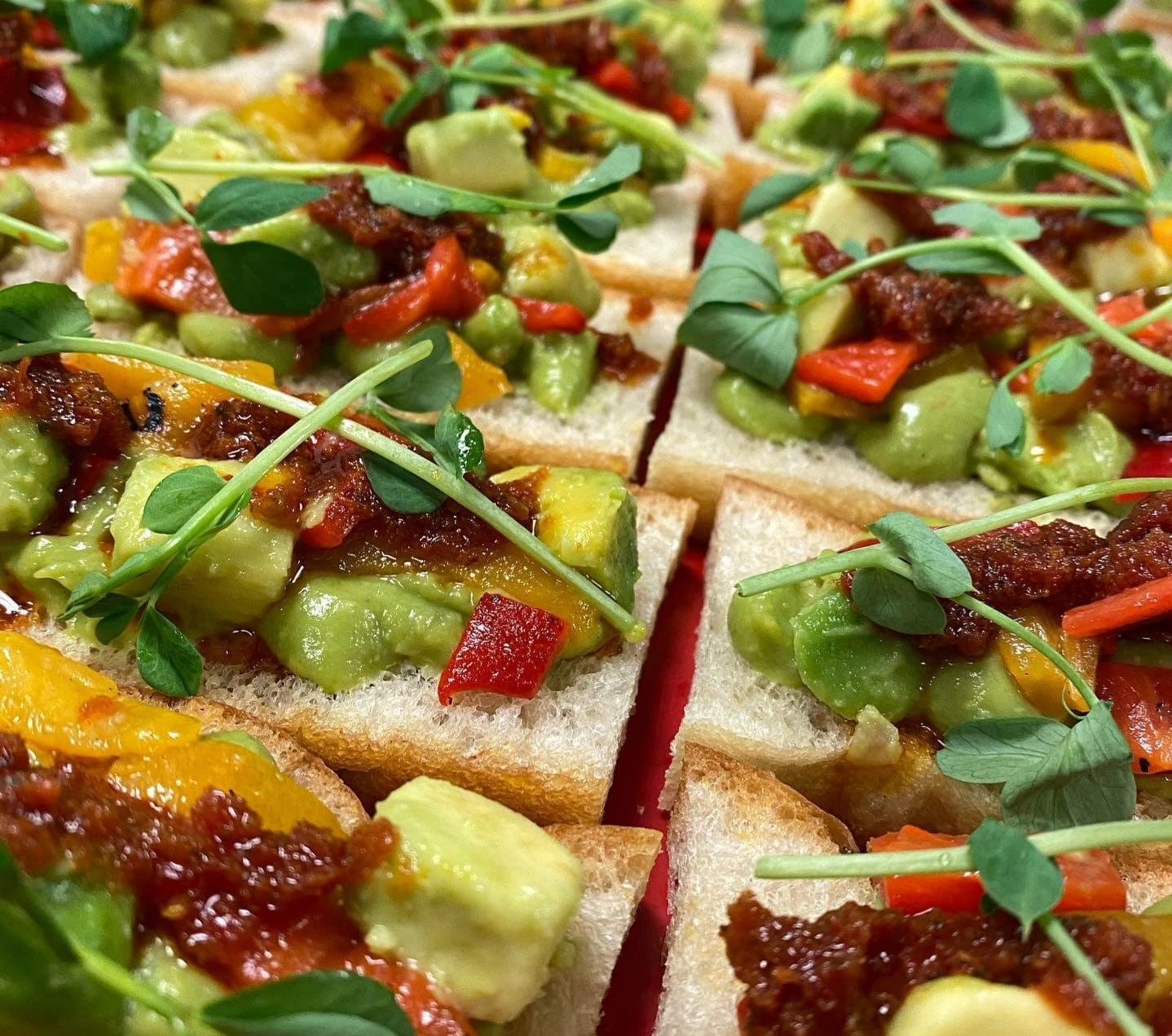 Roast Aubergine, Avocado & Chutney Focaccia Bruschetta (Ve)