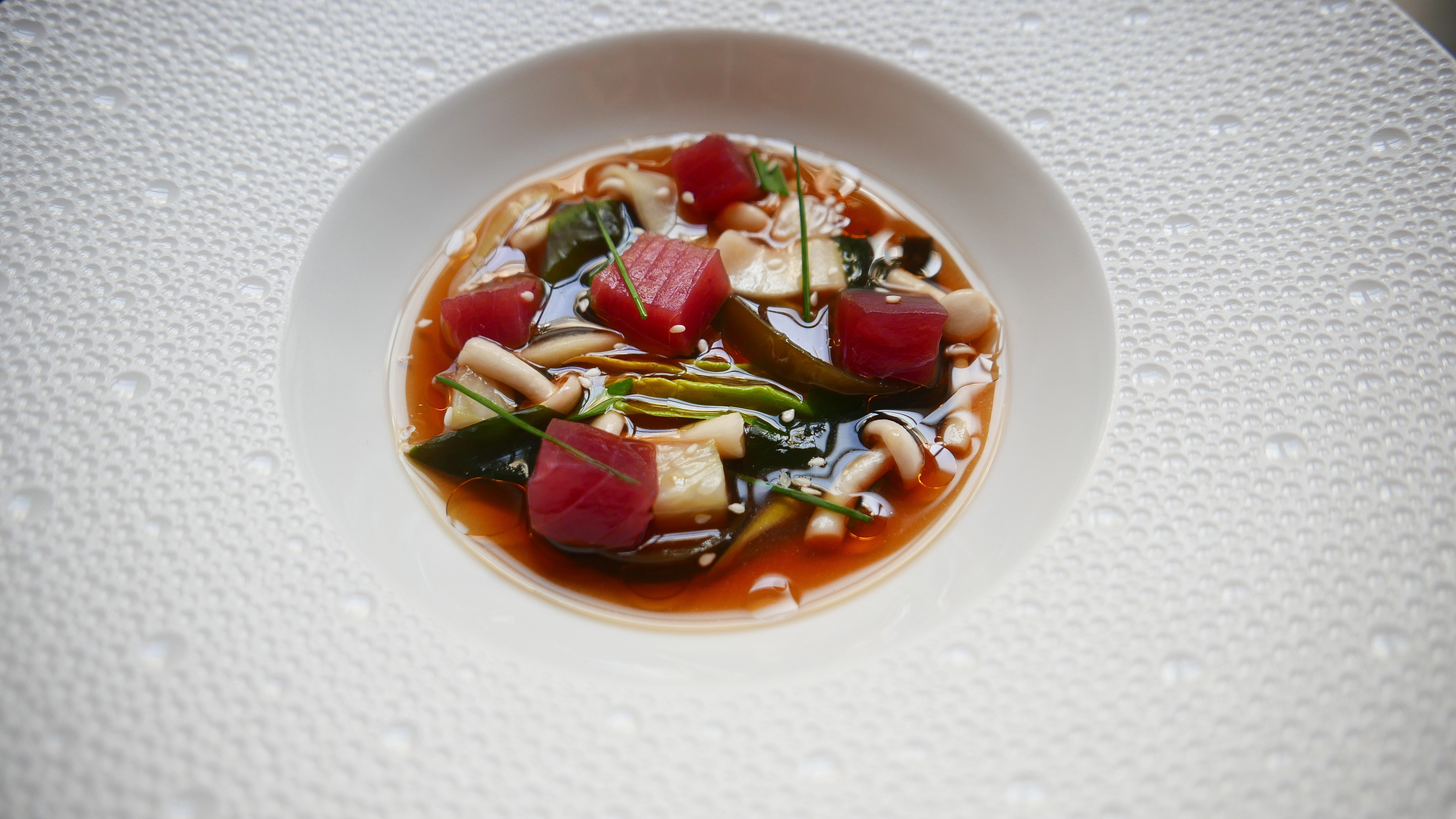 Marinated Tuna In A Dashi Consommé, Seaweed And Yuzu Pickles
