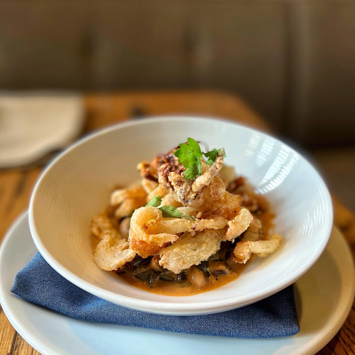 Crispy Calamari, Black Eyed Peas Collards Rundown Sauce