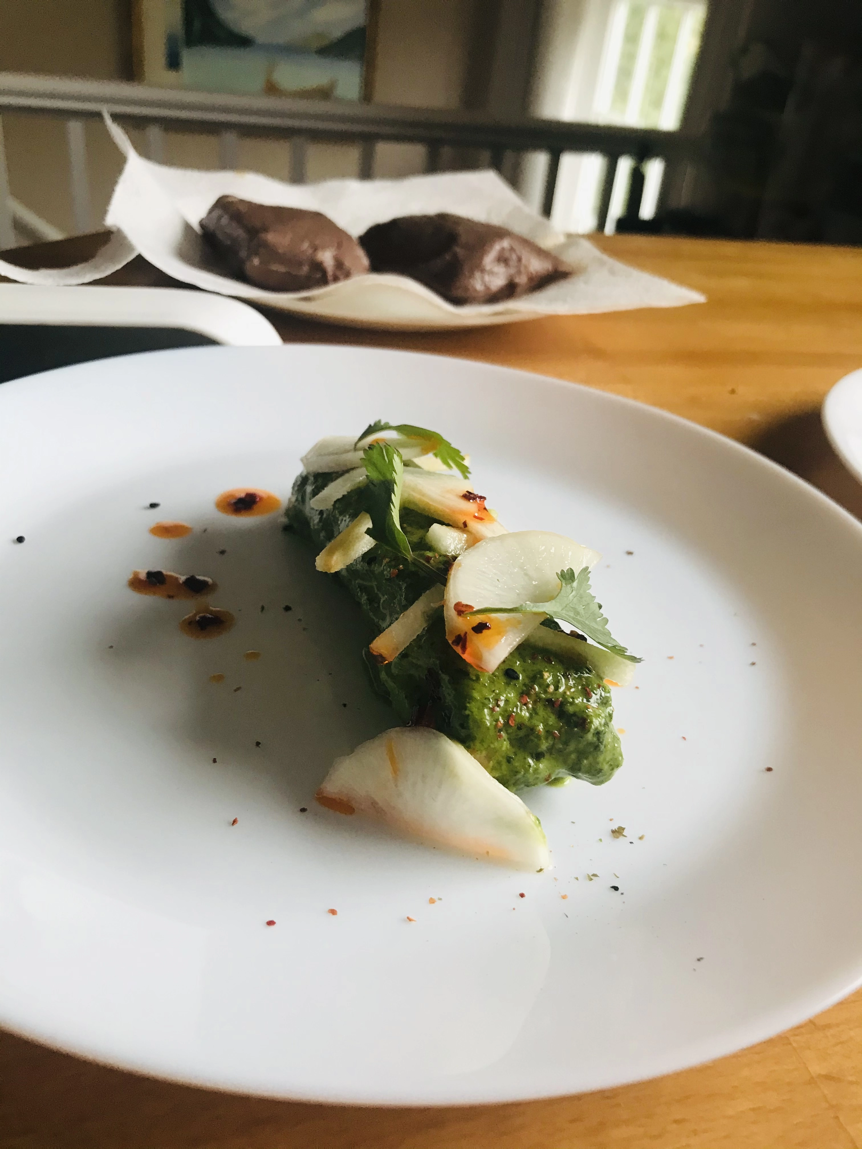 Citrus Cured Salmon, Creme Fraiche,  Pistachio, Green Chili Sauce, Cucumber And Radish