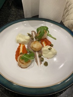 Pan Fried Scallops, Cauliflower Purée, Mushroom Purée, Red Pepper Coulis, Fried Capers