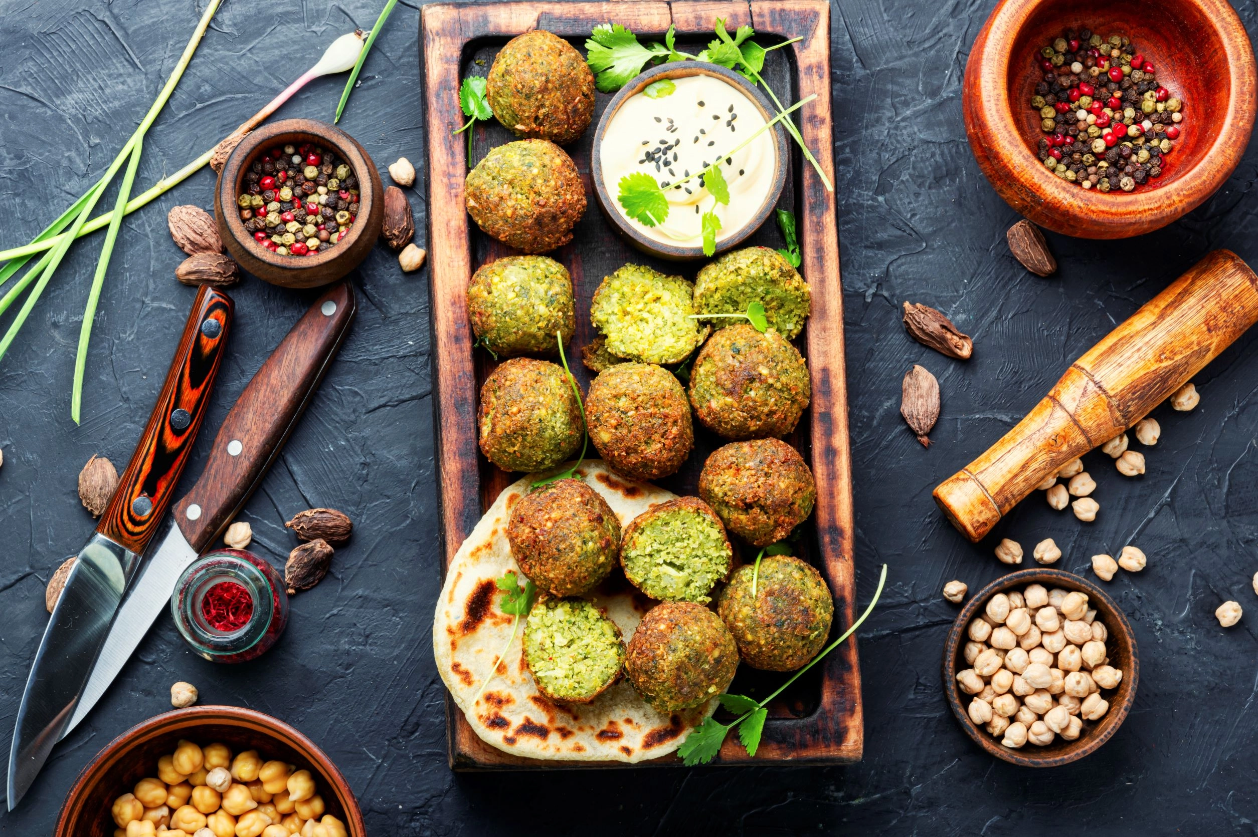 Falafel (Vegan) Served With Chilli Pickles And Tahini Sauce 