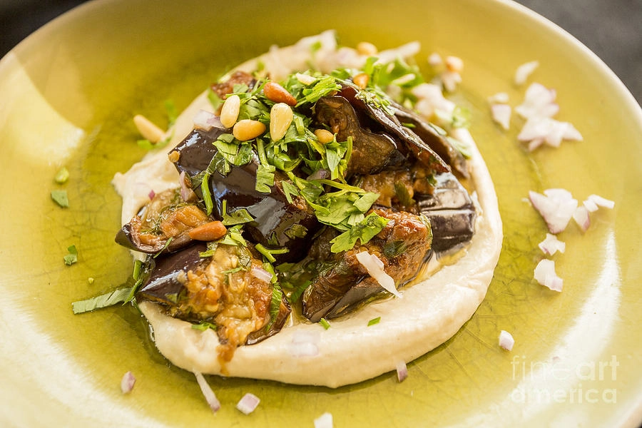 Miso Baked Aubergine On A Bed Of Sweet Potato Purée, Crispy Shallots And Blue Cheese Dressing