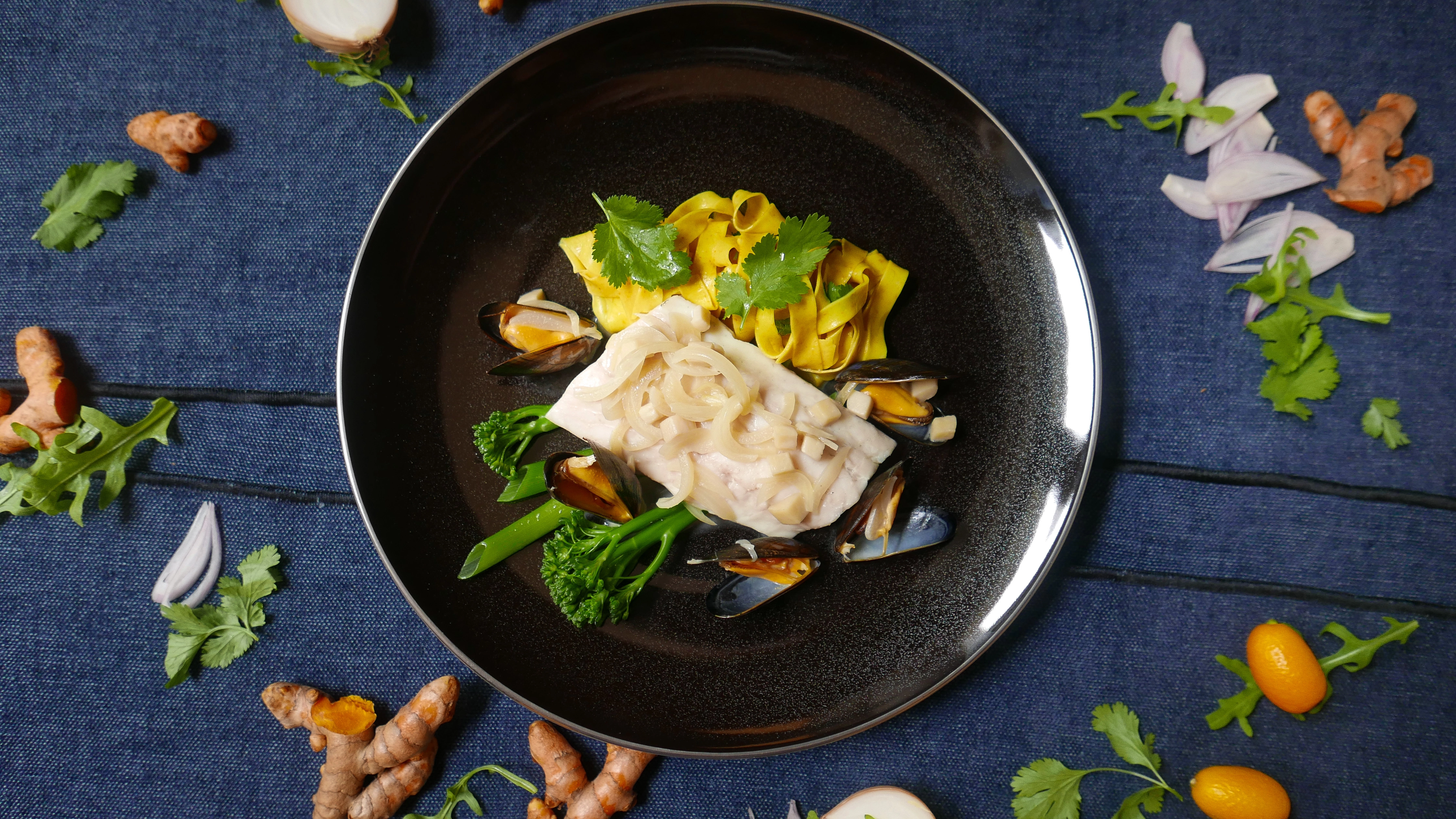 Poached Cornish Brill With Fresh Turmeric Tagliatelle In A Creamy Mussel Broth 