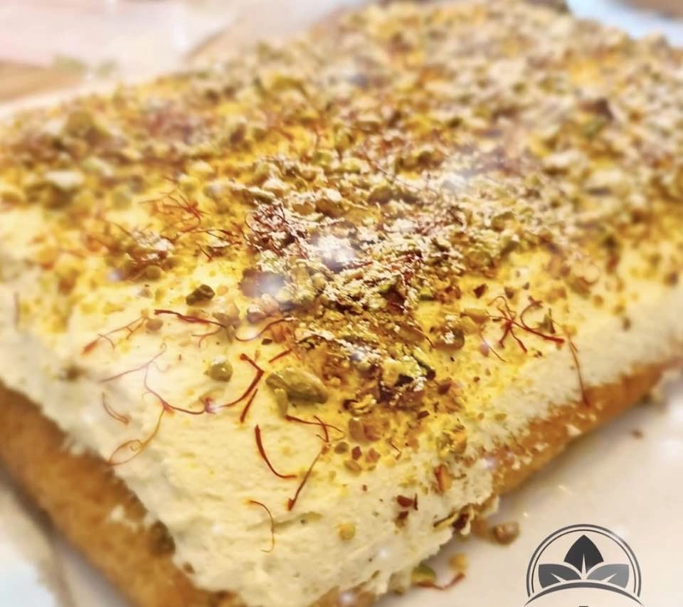 Pistachio Milk Cake Topped With Saffron