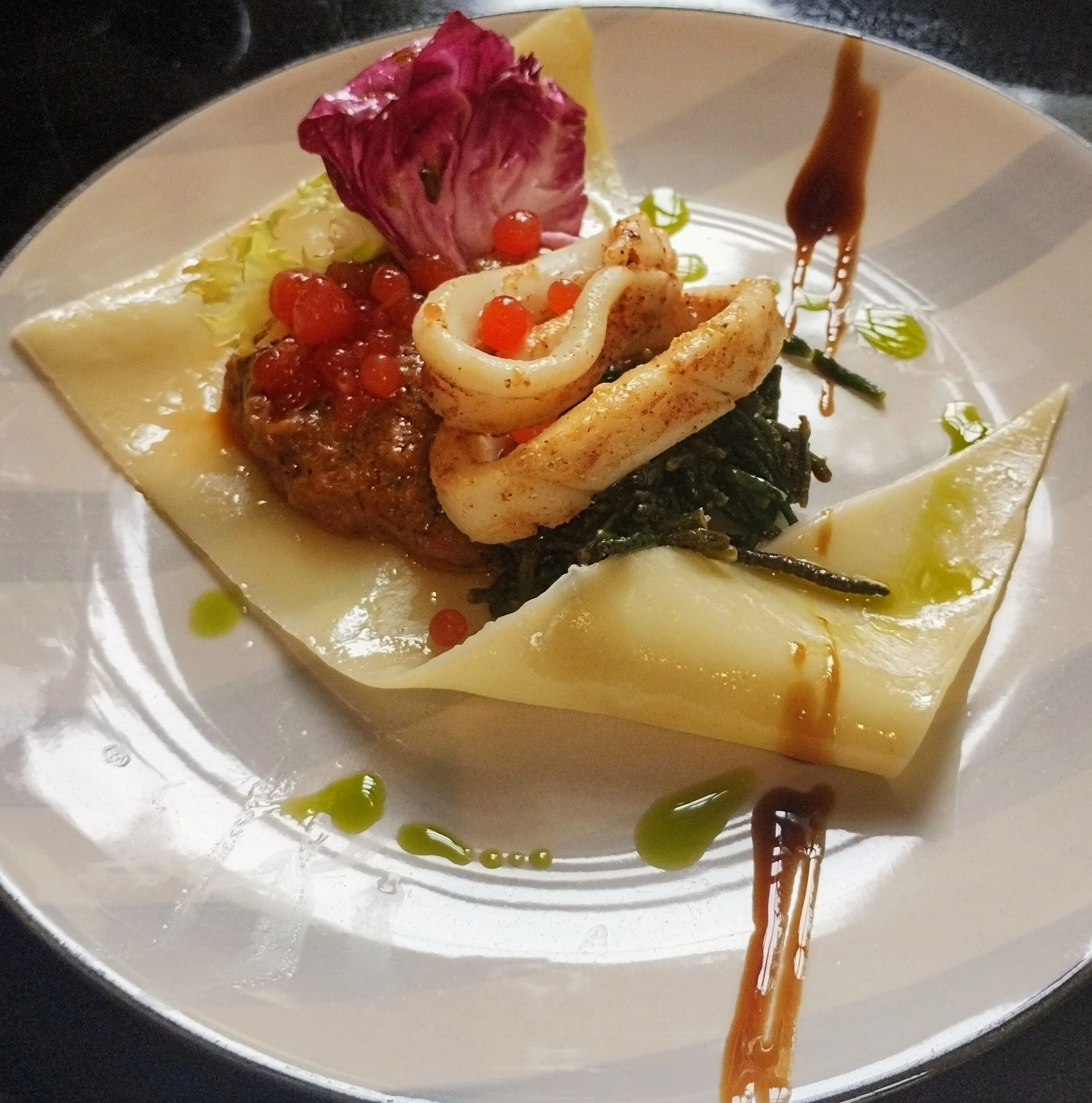 Crab, Prawns Opened Ravioli, Buerre Noisette, Tomato Concasse, Wilted Spinach, Crispy Capers