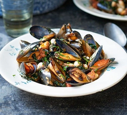 - Curried Mussels Mariniere With Cream Homemade Focaccia And Chorizo.