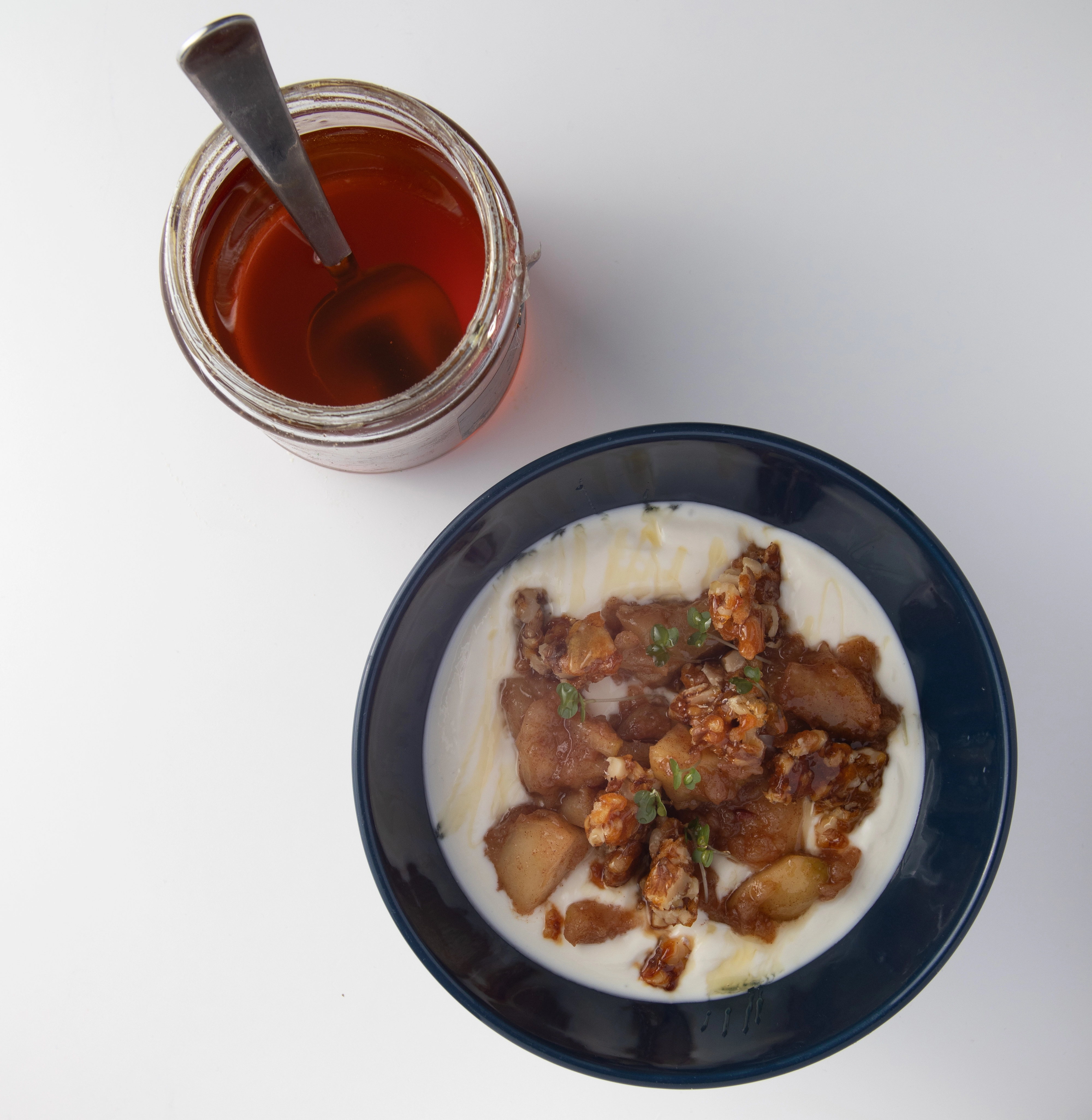 Greek Yoghurt With Honey And Walnut Brittle, Apple And Cinnamon Compote (V)