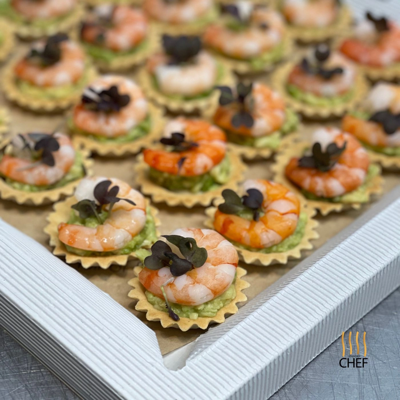 Poached Prawns On Avocado Tartlet And Sweet Chilli Jam