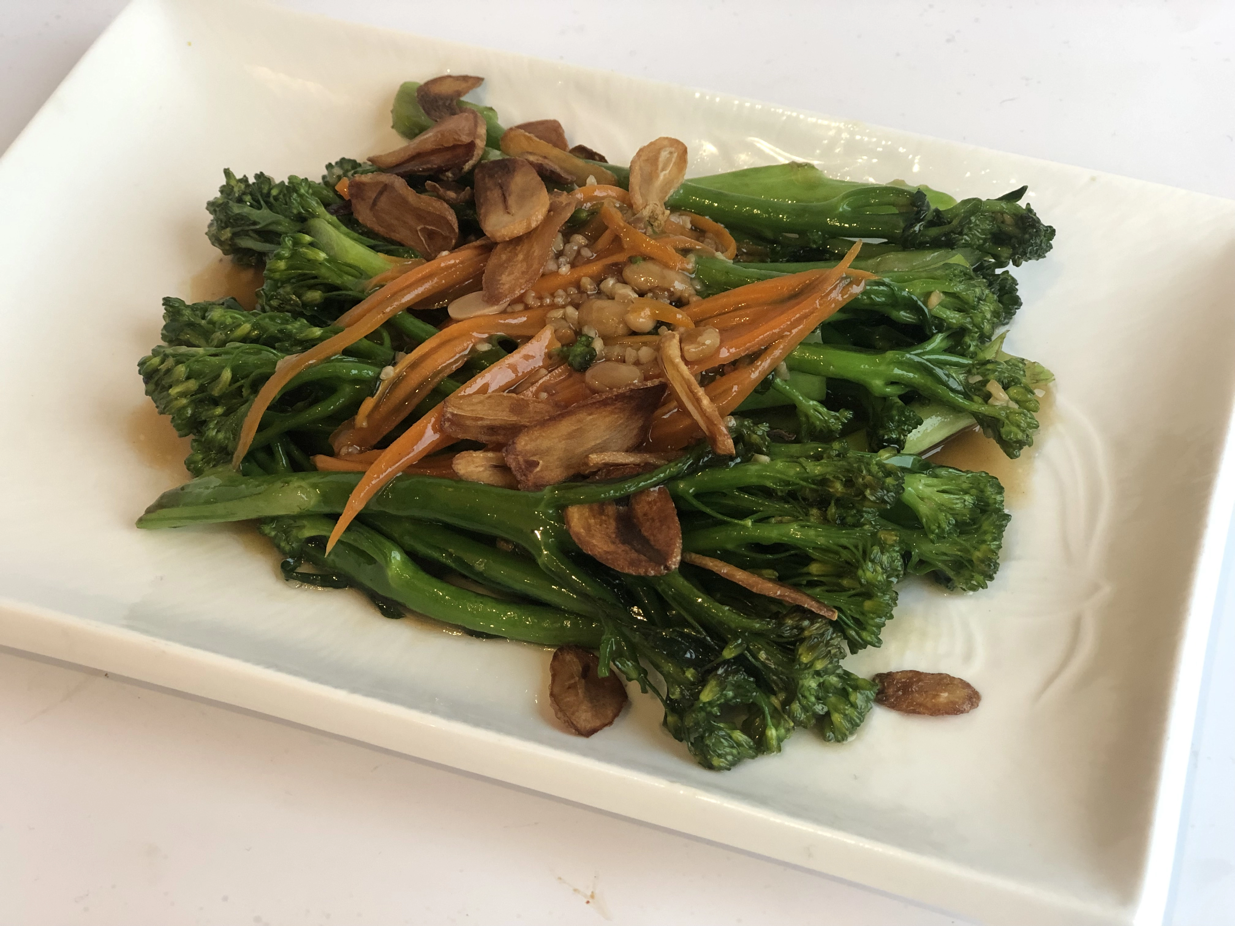 Tenderstem Broccoli, Pak Choi And Green Beans In Sweet Miso Sauce With Crispy Garlic