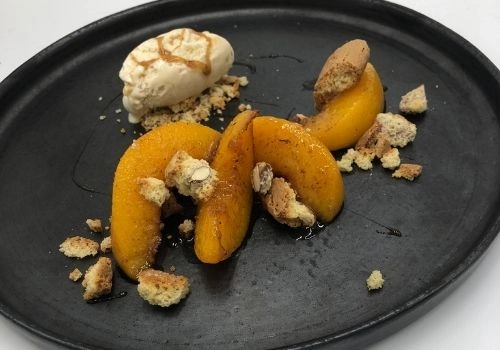 Moscatel Glazed Peach With Cantuccini & Honeycomb Ice Cream