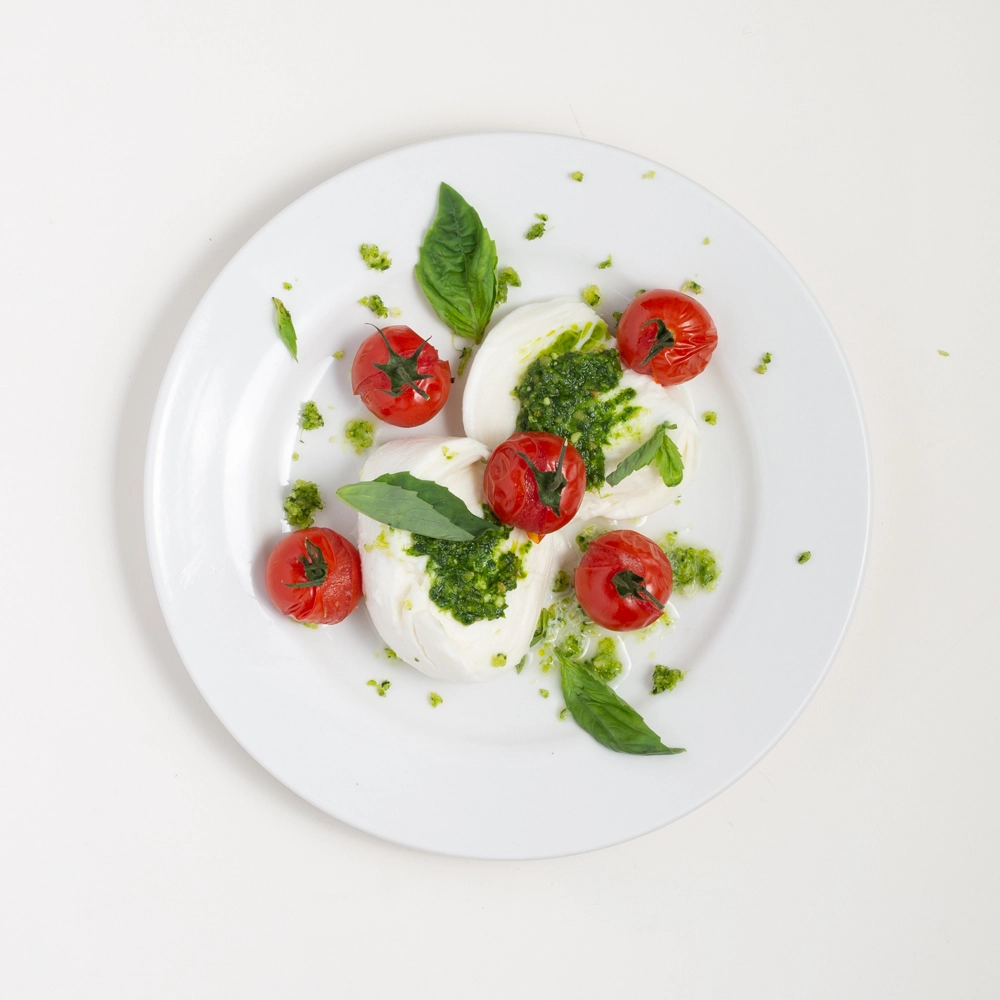 Burrata With Burst Daterini Tomatoes, Basil & Panagrato