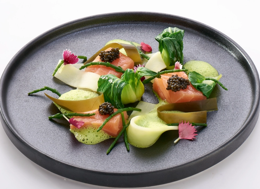 Confit Salmon, Cucumber And Caviar, In A Wasabi Beurre Blanc