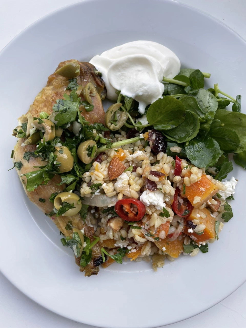 Chicken Legs With Crushed Olives Butternut Squash Bulgur Wheat Crumbled Feta Watercress Salad