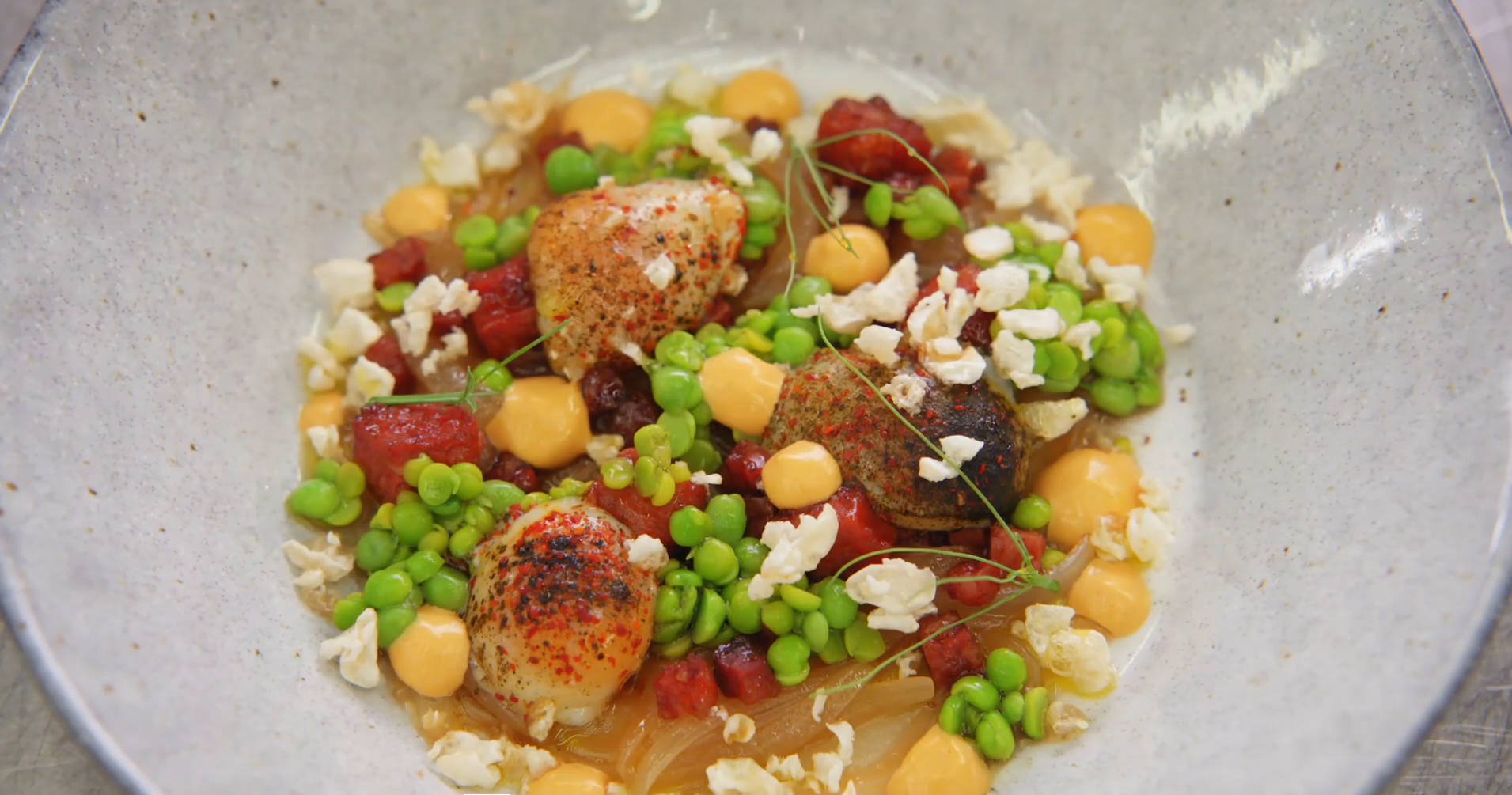 Pea And Quail Egg Tartelette, Crispy Pork Skin And Chorizo, Chives