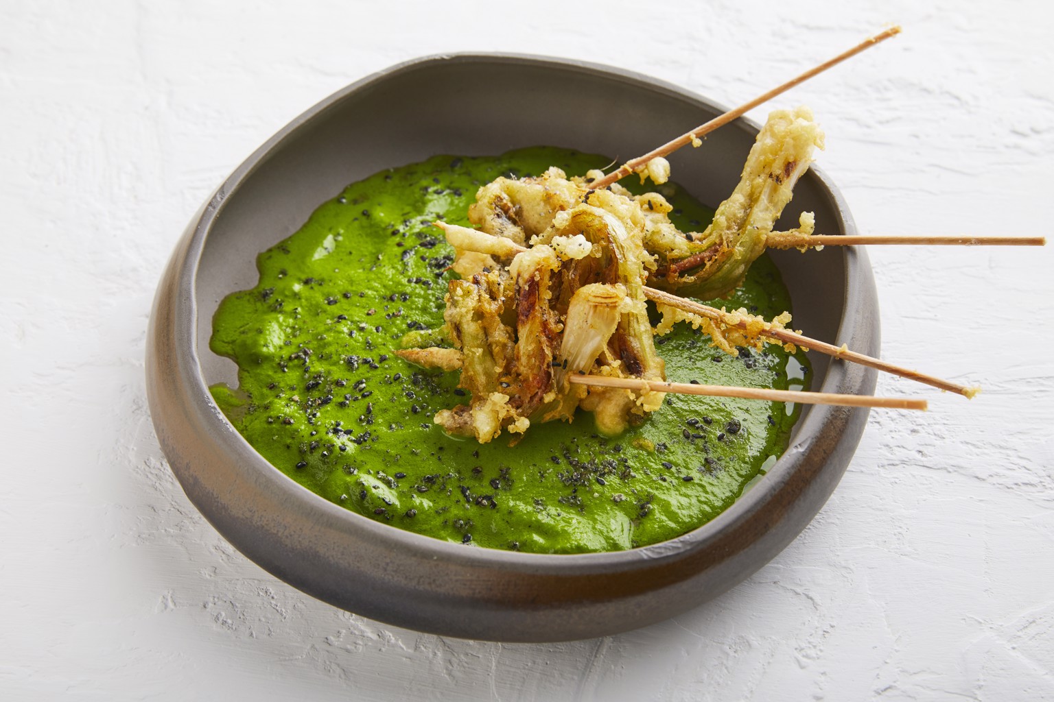 Baby Leek And Anchovy Milanesa, Wild Garlic Mole, Sesame Salt (V) (Ve) Option 