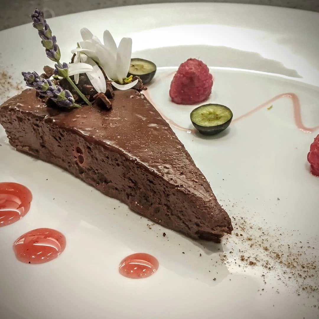 Chocolate And Raspberry Terrine, Rosemary&Pistachio Biscuits And Raspberry Coulis 
