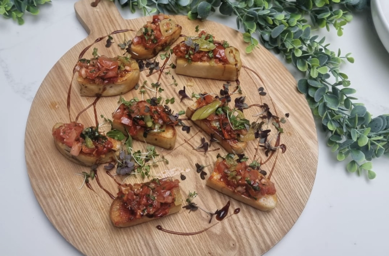 Fresh Bruschetta Served On Homemade Focaccia (V)