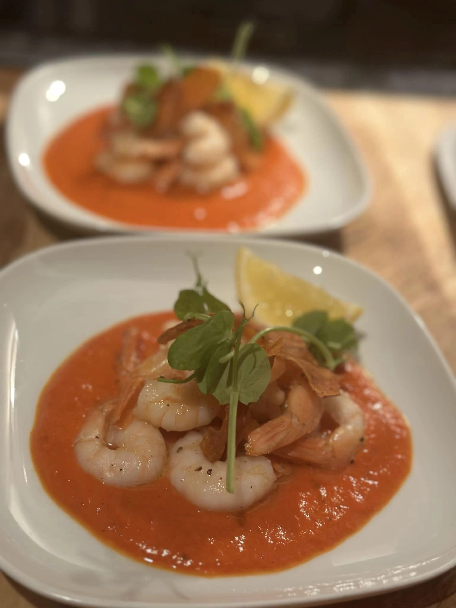Garlic Butter King Prawns, Charred Red Pepper Velouté, Carrot Crisps