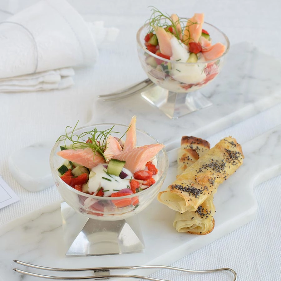Smoked Trout Served With Cucumber Dill Cream Fraiche , Chive Oil And Crisp Bread