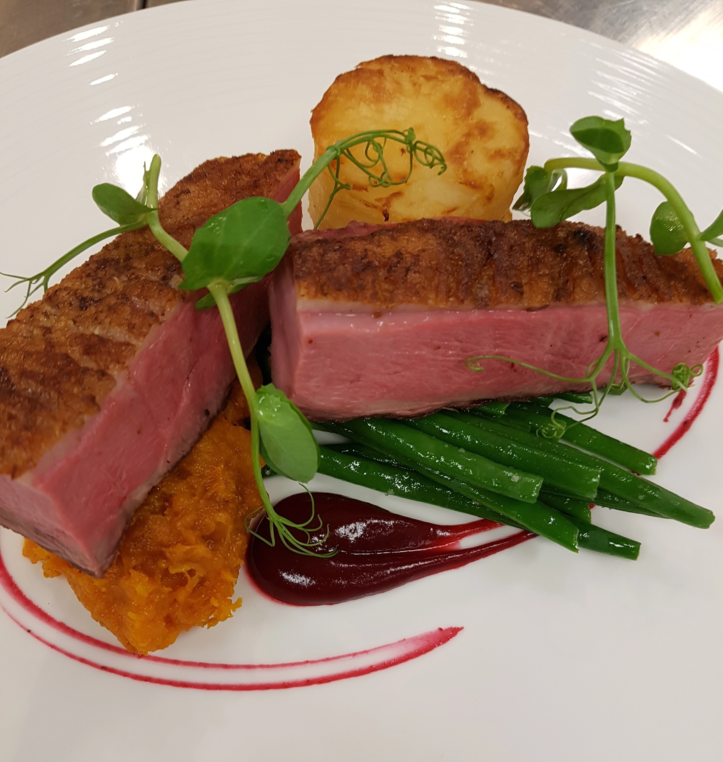 Pan-Seared Duck Breast With Dauphinoise Potato, Cherry Gel, Butternut Squash, Honey And Thyme Jus