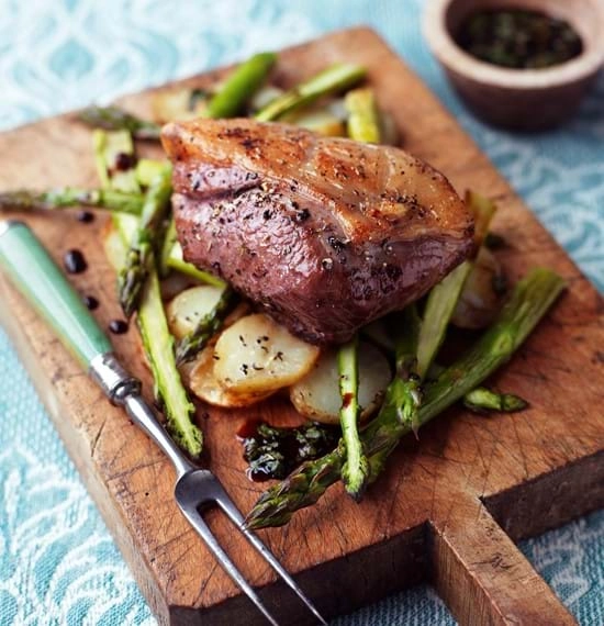 Lamb Rump With Fragrant Lentil Rice, Hummus, Flatbread, Green Sauce, Harissa Yoghurt
