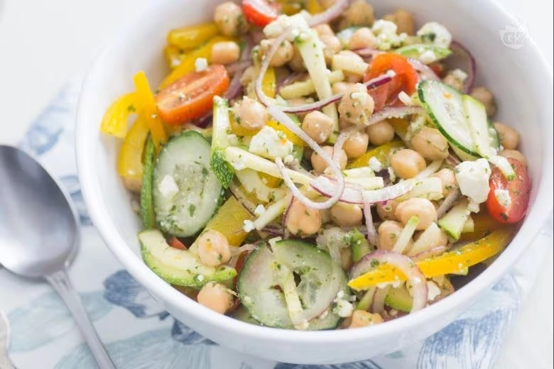 Chickpea Salad, Yellow Peppers, Cherry Tomatoes, Cucumbers And Red Onions