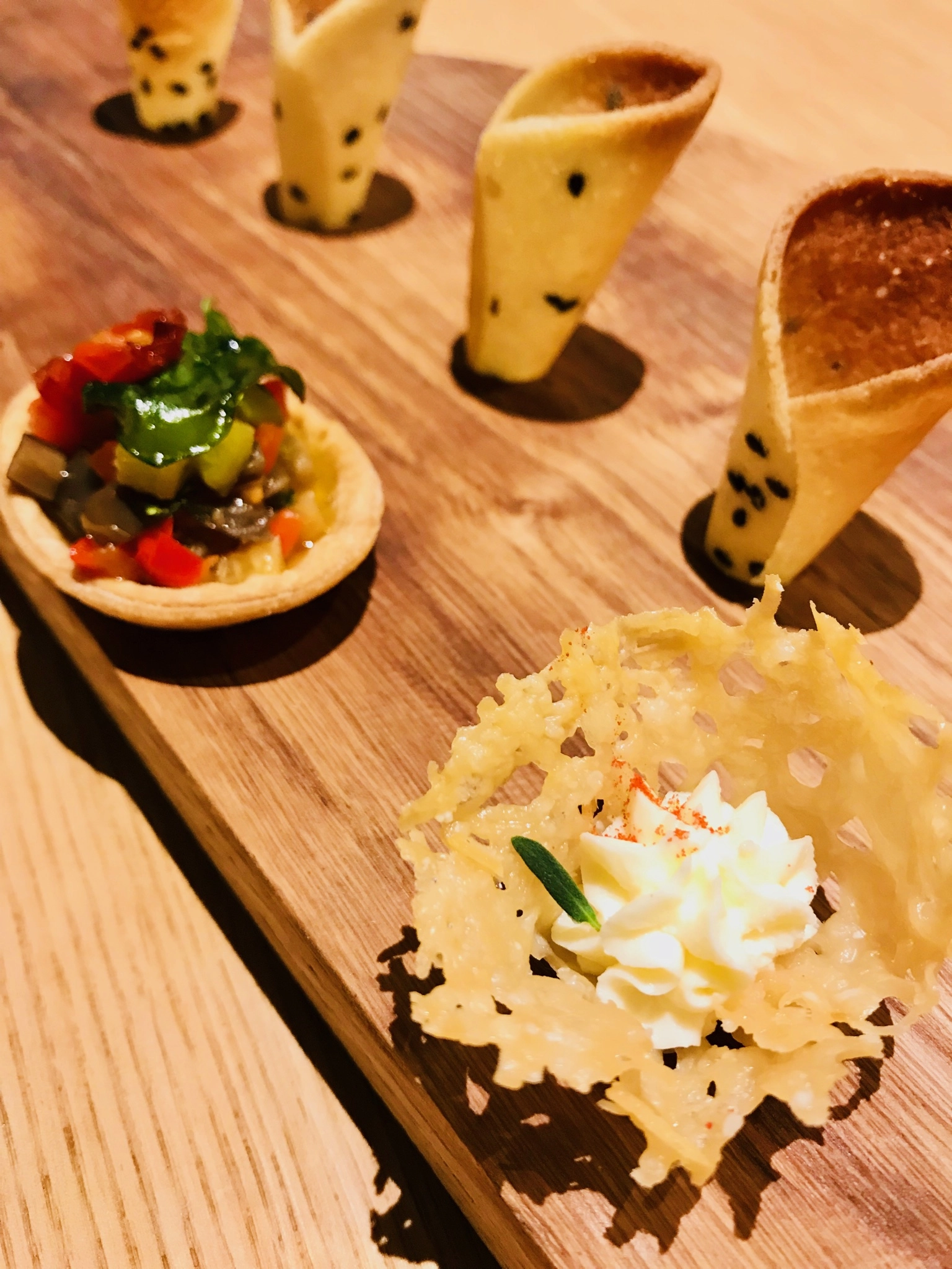 Mini Ratatouille Tartlets, Fried Basil, Black Olive Tapenade (V)