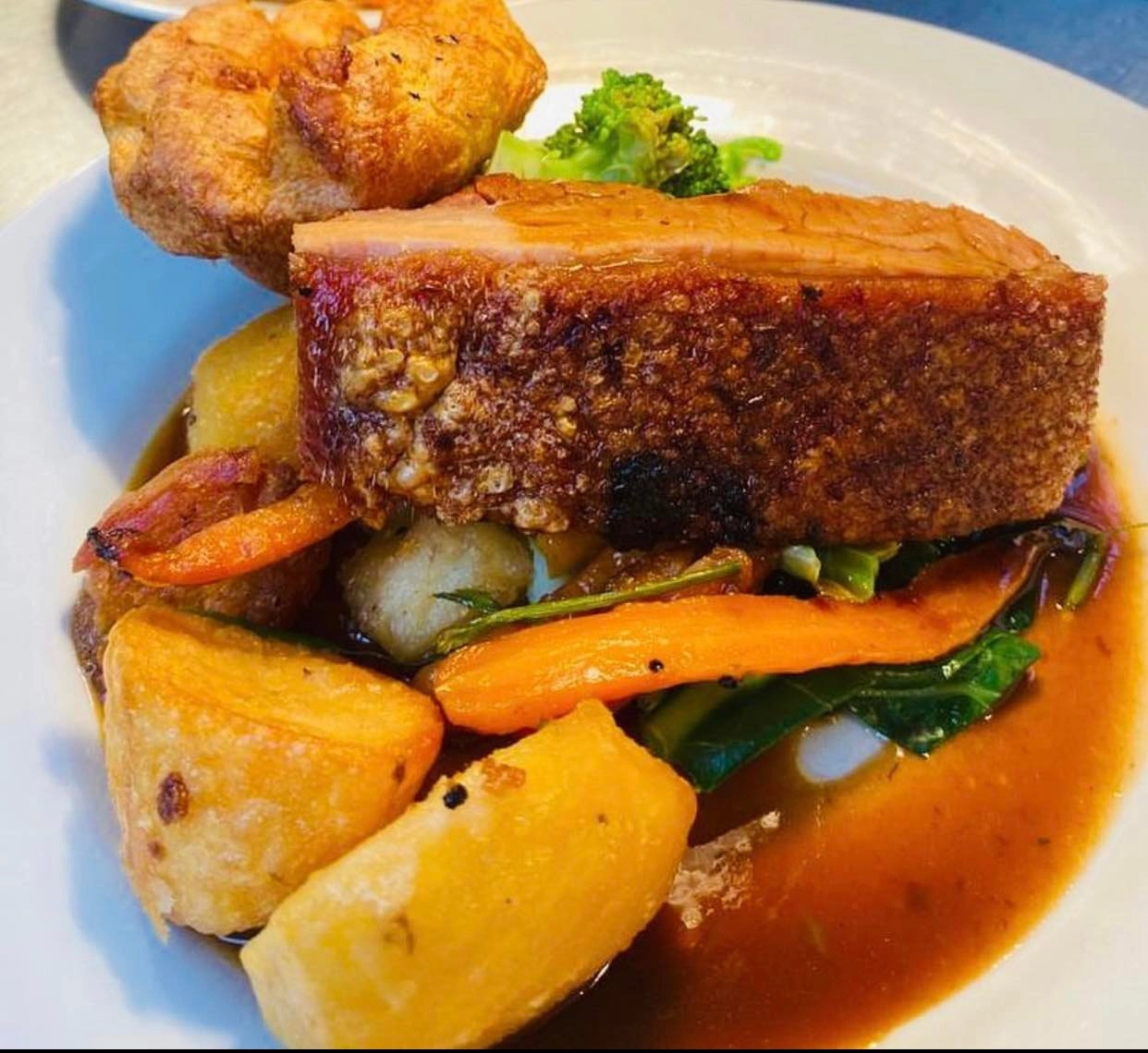 Slow Roasted Rolled Pork Belly, Crackling, Roasted Apple