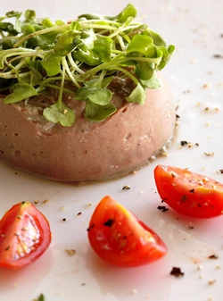 Chicken Liver Parfait Rosemary Croute Cherry Tomato And Pea Shoot Salad Red Onion Jam