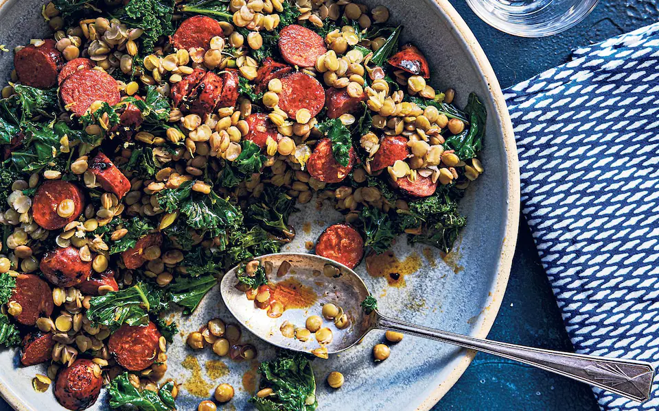 Lentil And Chorizo Salad, Spring Onions And Cherry Tomato 