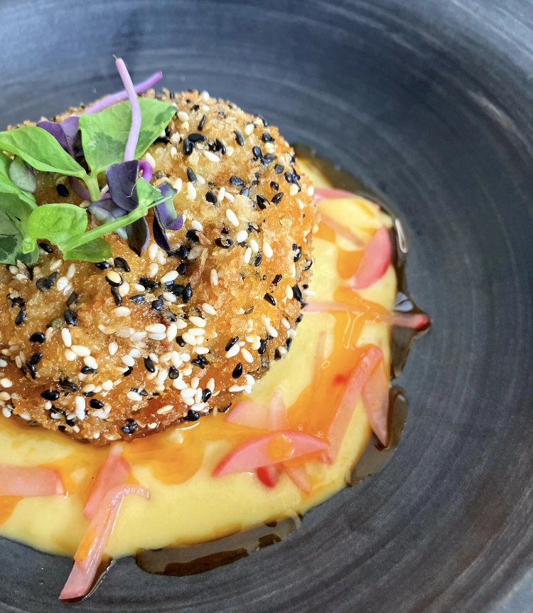 Thai Prawn Toast, Sweetcorn Puree, Chilli Oil, Pickled Radishes