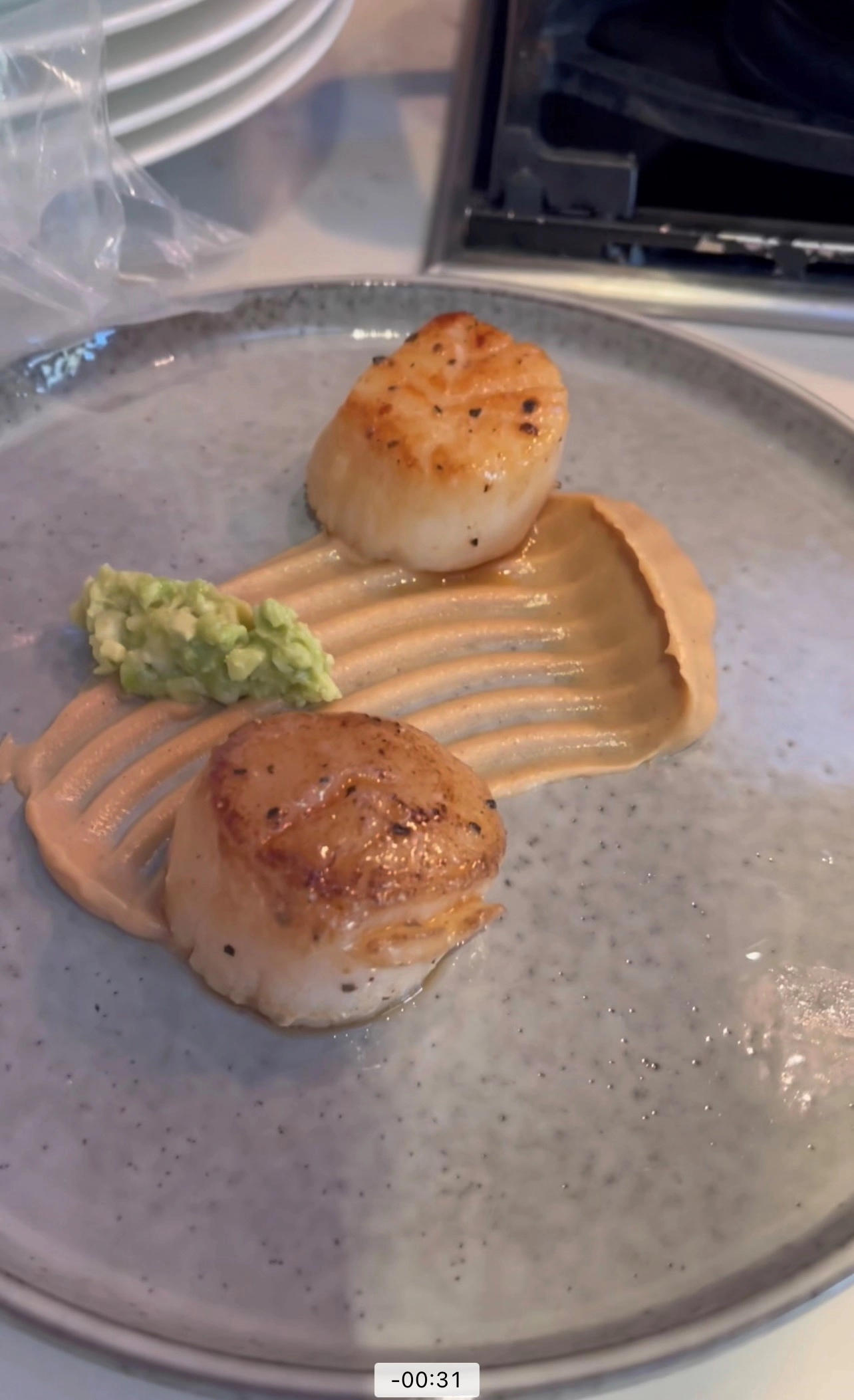 Pan Seared Scallops Smoked Cauliflower Cream Avocado Mousse Parsnips Crisps 