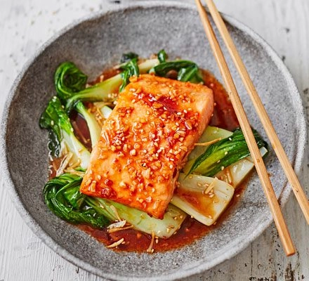 Salmon Teriyaki With Pack, Choi And Sweet Chilli Dressing.