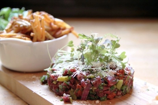 Beef Tartare On Crisp Parmesan Bread Crisp Finish Herb Mayonnaise