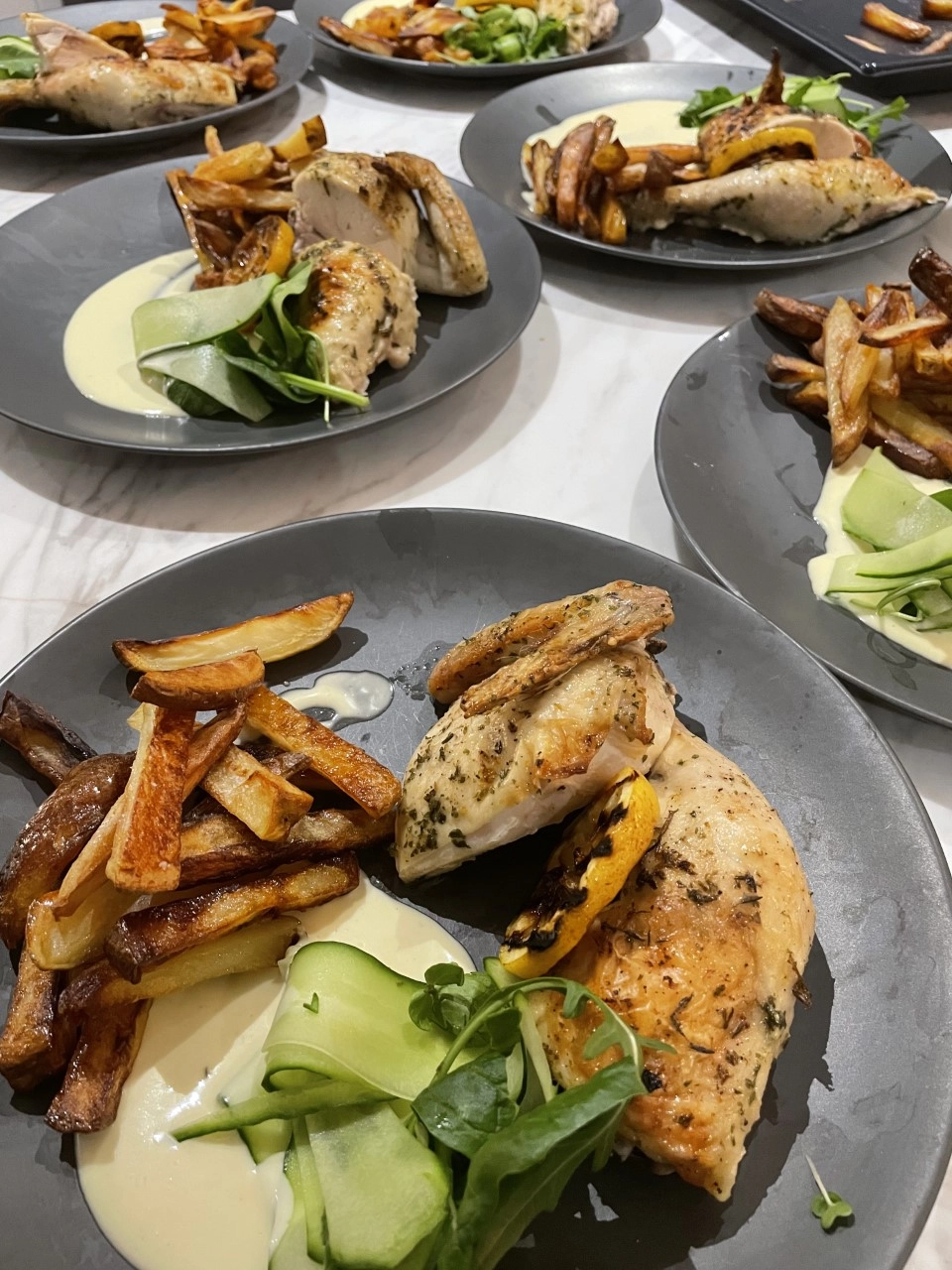 Spatchcock Roast Lemon Chicken, Homemade Aioli, Potato Wedges, Dressed Leaf Salad