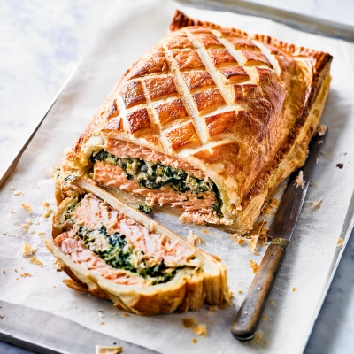 Salmon En Croute With Broccolini And Beurre Blanc Sauce
