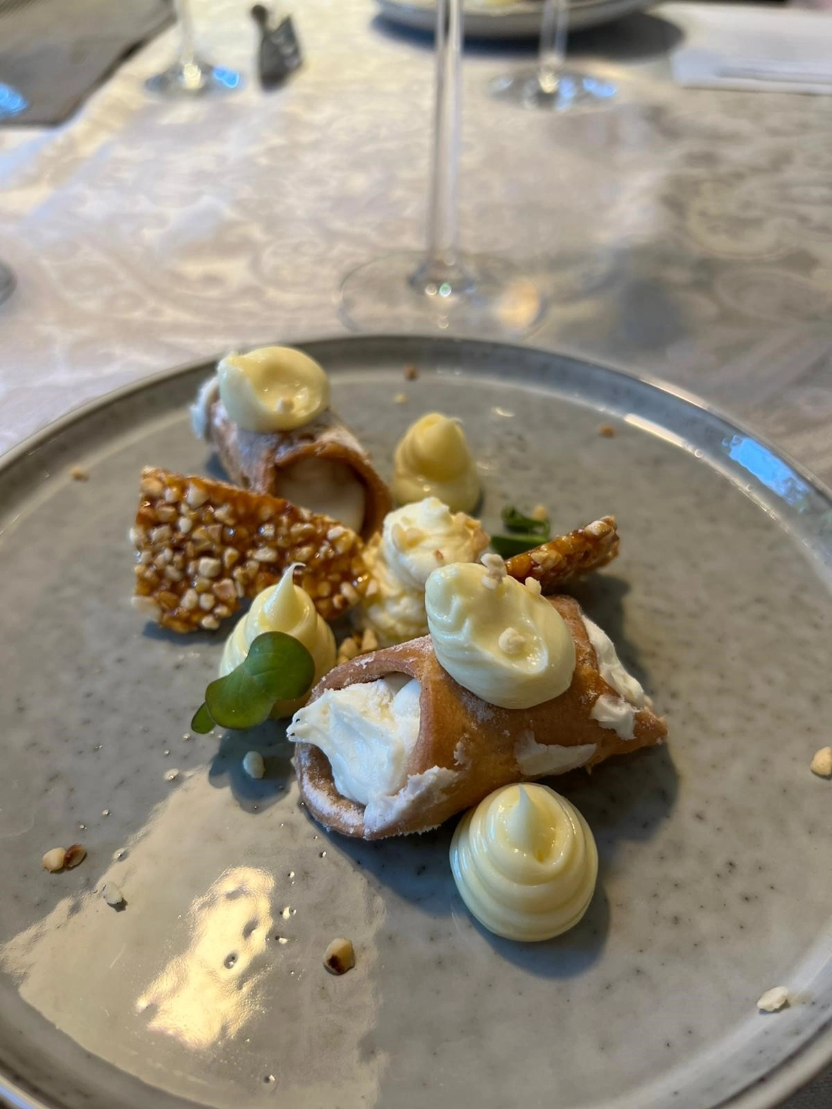 Italian Lemon Cannoli, White Chocolate Mousse, Hazelnuts Cracker