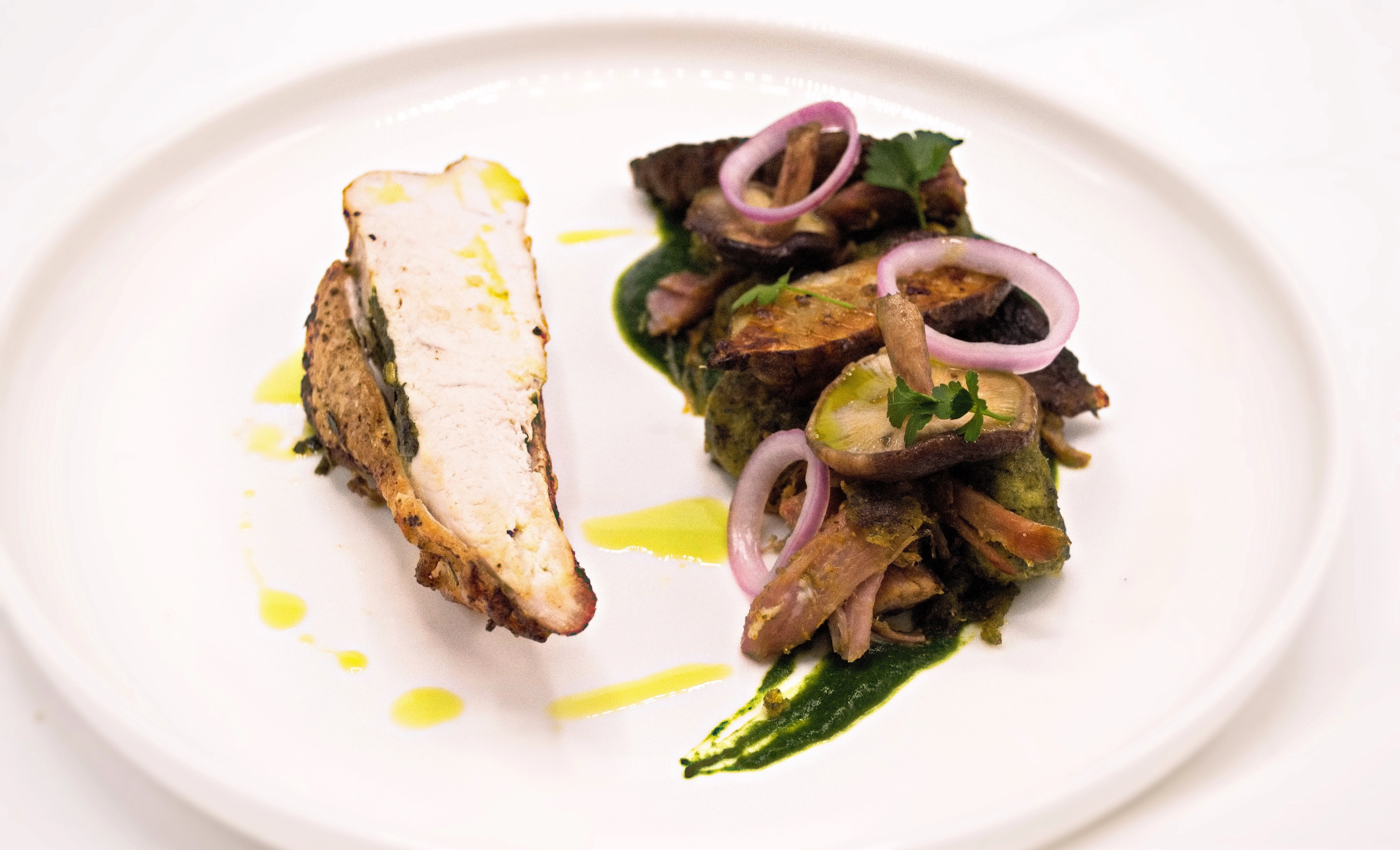 Tarragon Chicken Breast, Herb Gnocchi, Pistachio Pesto, Wild Mushrooms, Chicken Jus