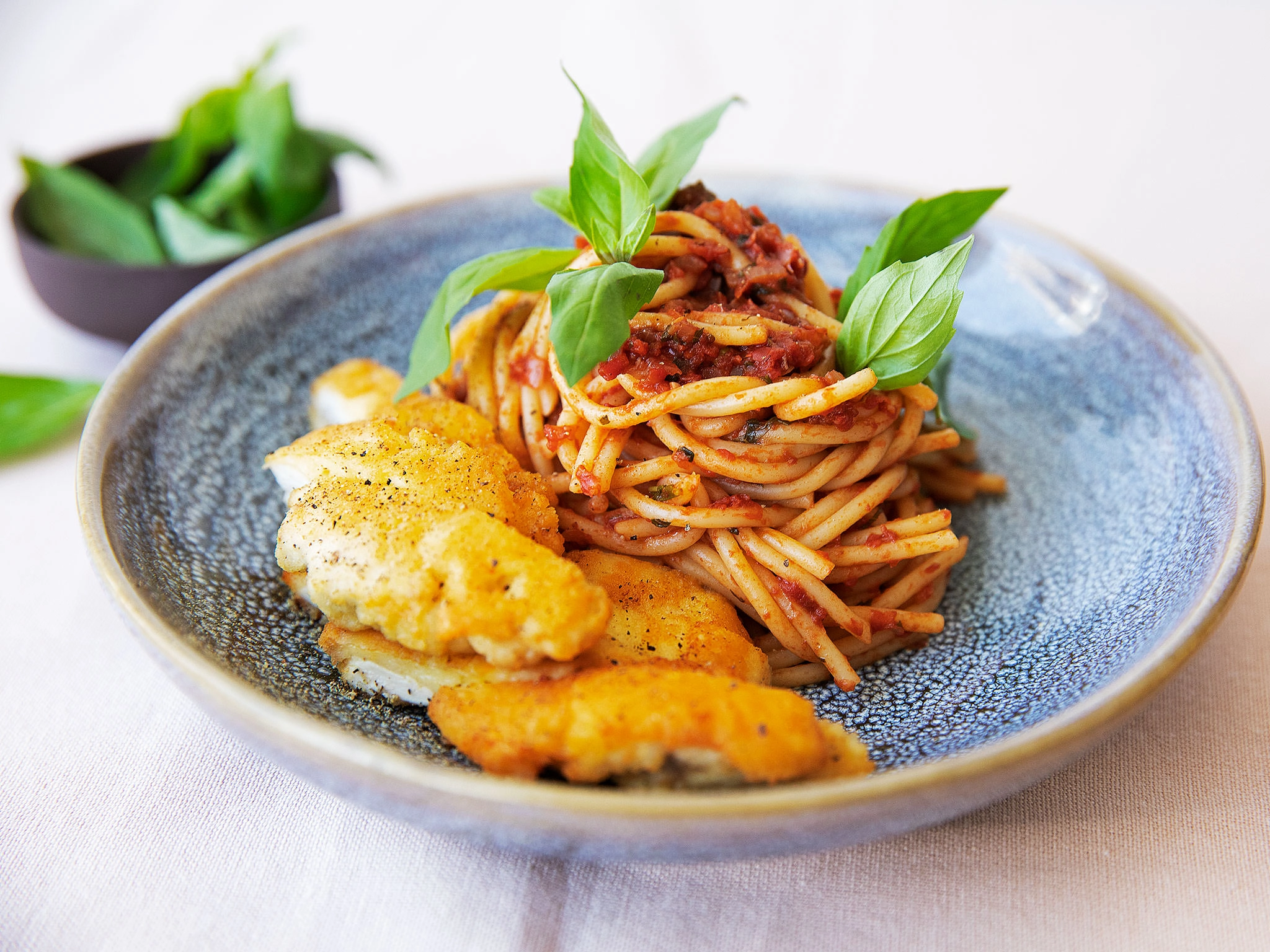 Chicken Milanese With Fresh Linguine Pasta & Arrabbiata Sauce