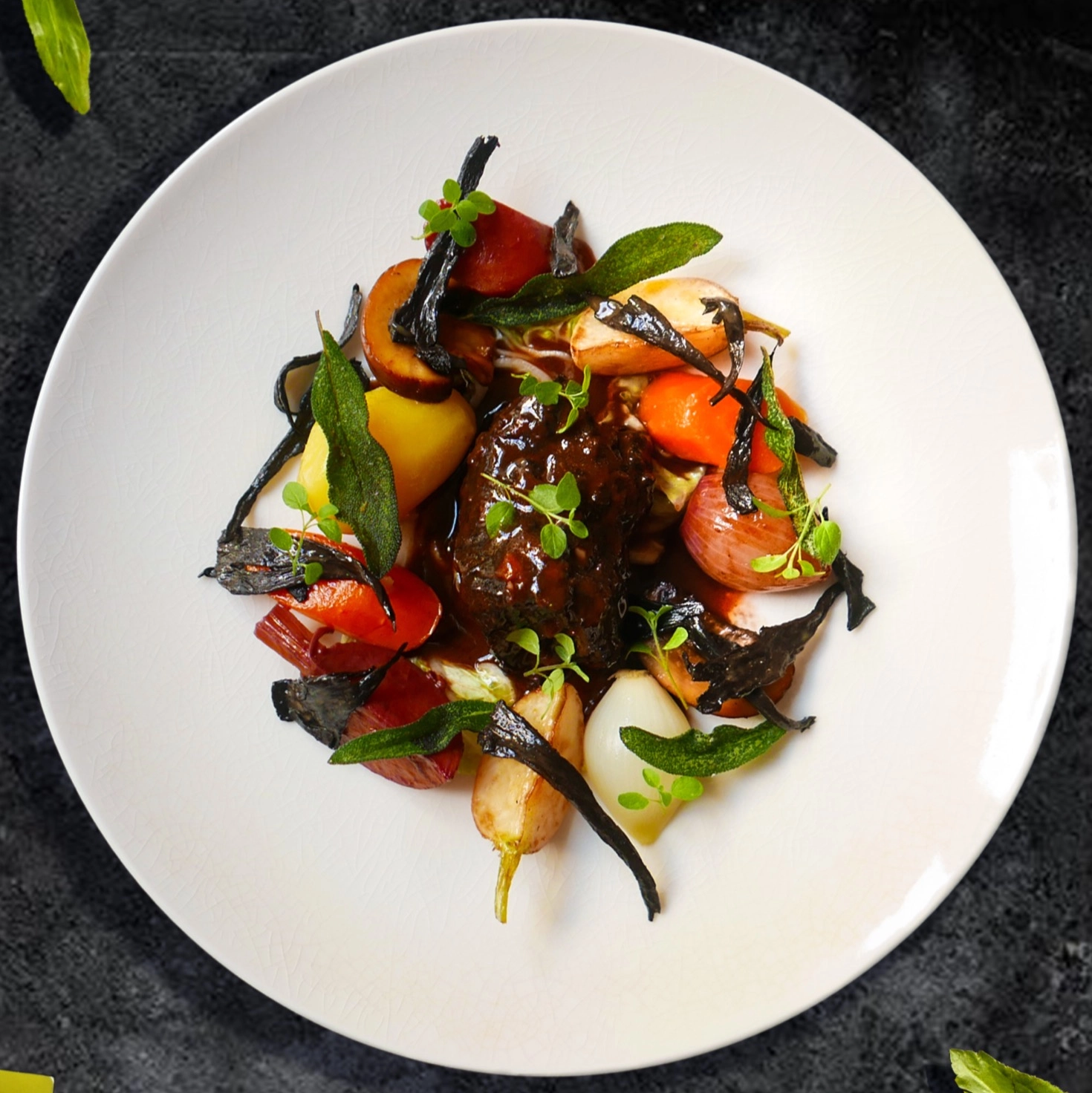 Braised Beef Cheek, Roasted Root Vegetables, Celeriac And Truffle Puree