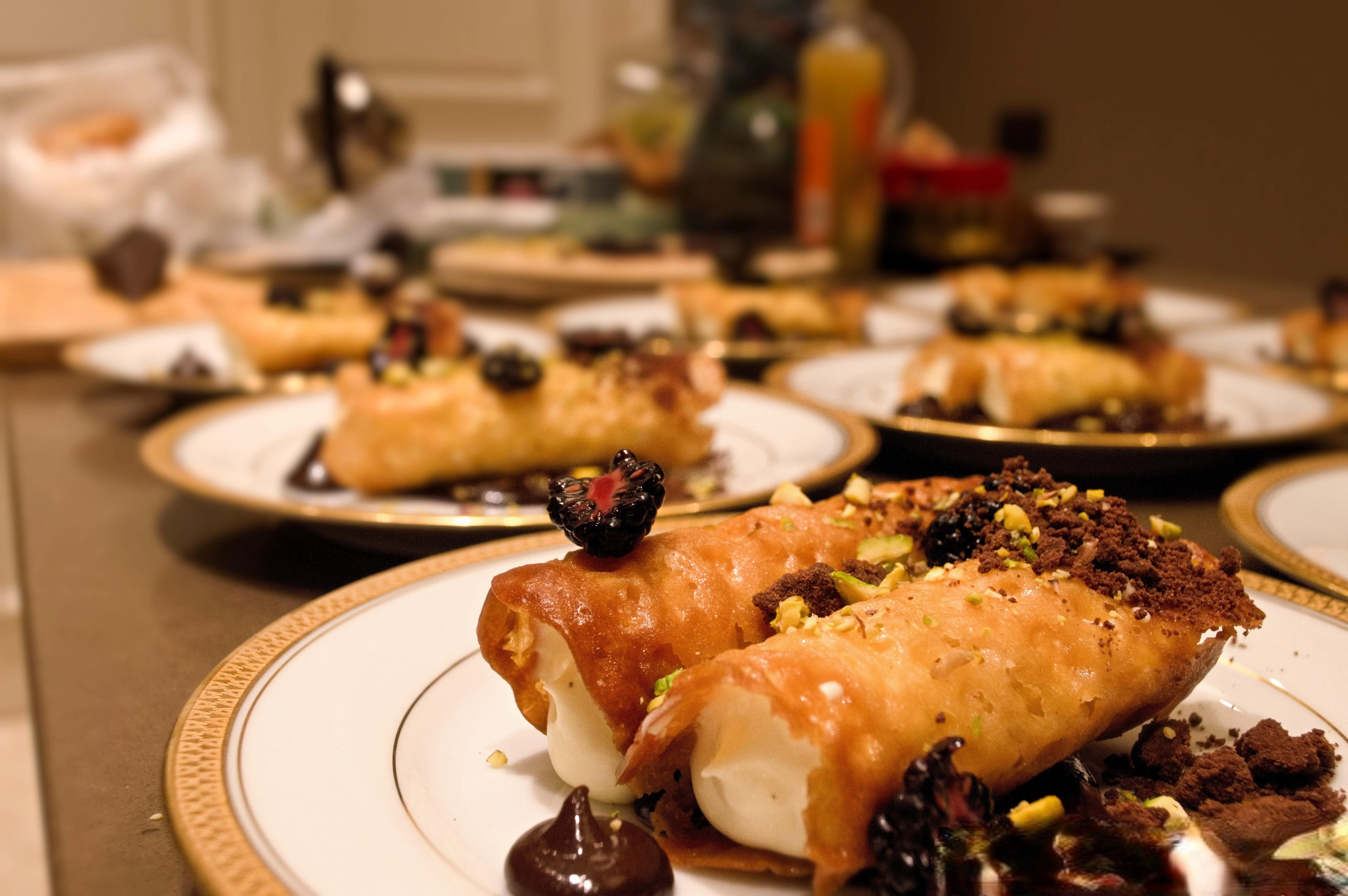 Brandy Snaps Stuffed With White Chocolate And Mascarpone, Chocolate Soil, Cherries