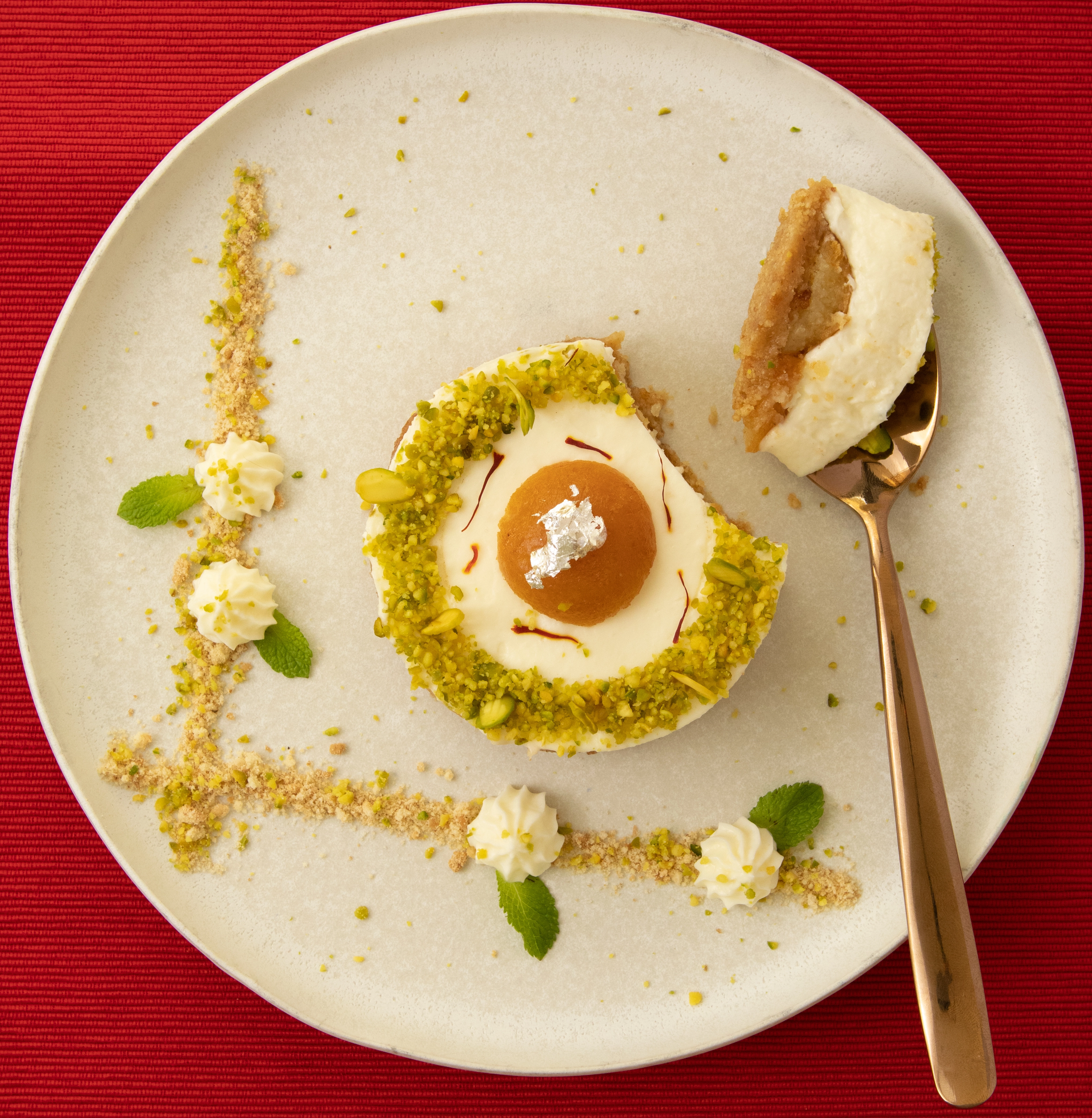 Gulab Jamun Cheese Cake With Saffron And Pistachios