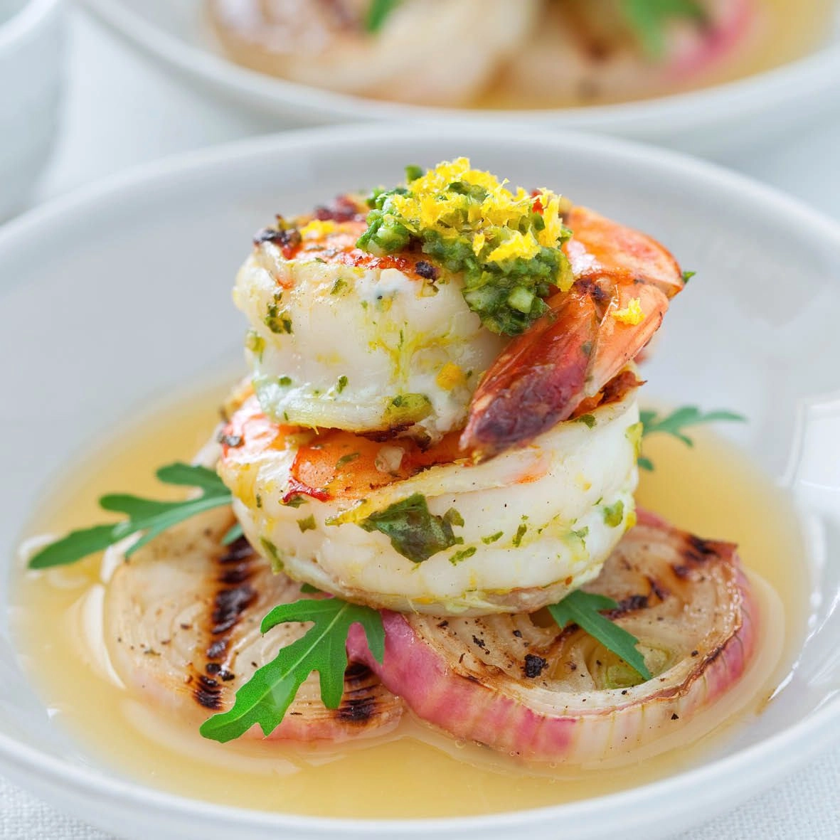 Grilled Gremolata Prawns In Prawn Broth