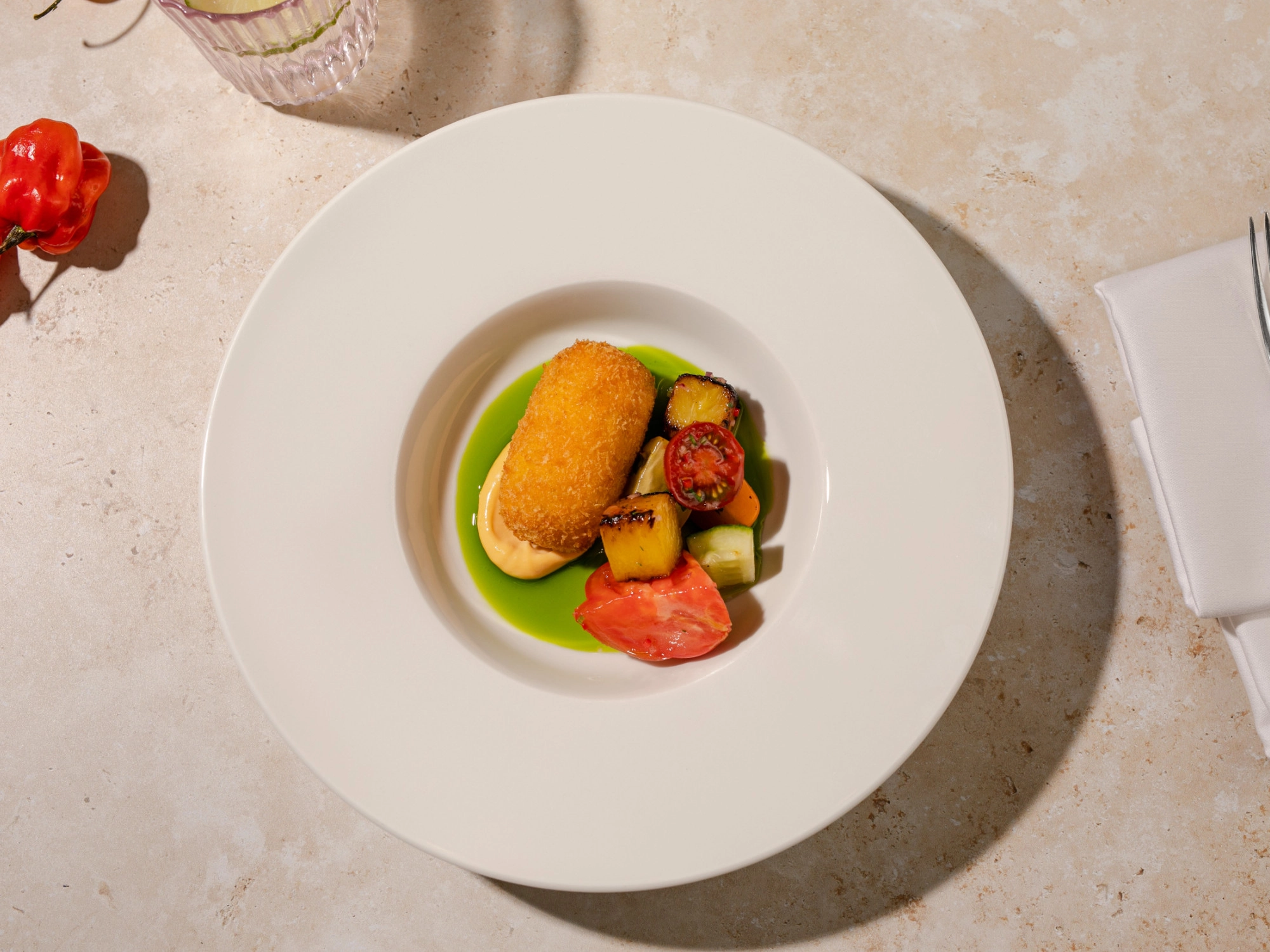 Ackee And Salt Fish Cake (Salt Cod) Scotch Bonnet Aioli  Pineapple And Heirloom Tomato