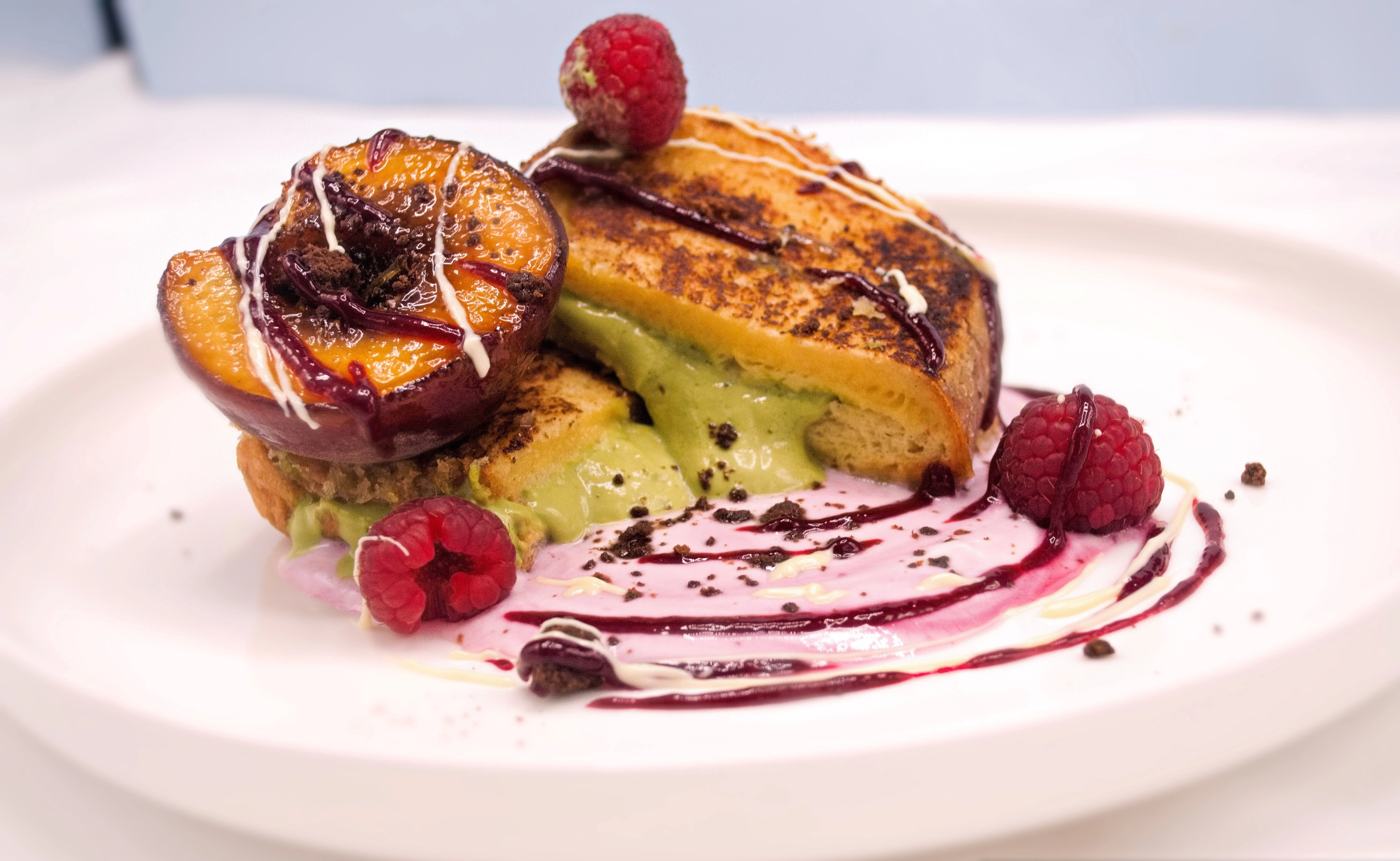 Matcha French Toast, Raspberry, Peach, Creme Anglias, Chocolate Soil