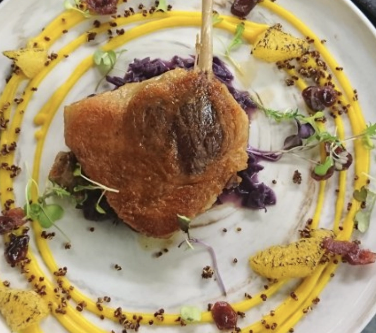 Confit Duck, Italian Truffle Creamy Mashed Potatoes, Braised Red Cabbage With Apples, Red Wine Jus